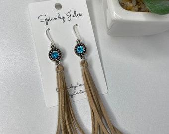 Flirty Tassel Leather Earrings with Blue Stone and Light Tan Tassels, Genuine Leather