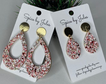 Candy Cane Sparkles in The Victoria Earrings, Leather Teardrop Cutout with Gold Posts, and Mini Drops with Gold Posts