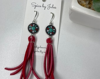 Red Leather Flirty Tassel Earrings with Silver Multi Colored Charm, Genuine Red Leather, Fun Charm Detail, Super Lightweight