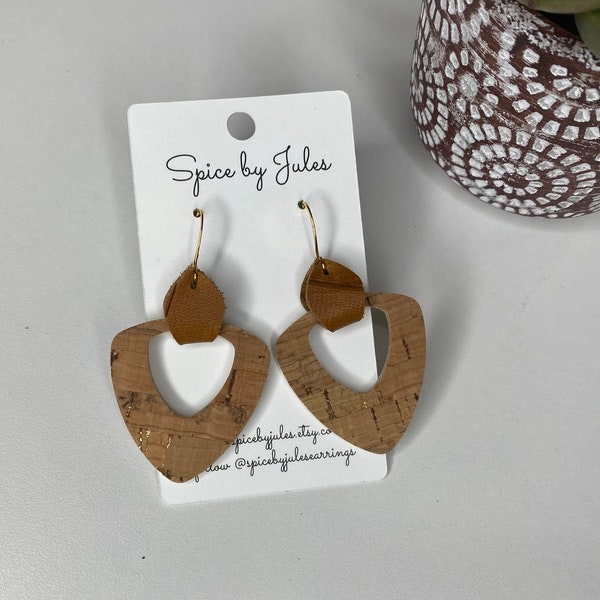 The Aptos Earrings, Gold Fleck Cork and Caramel Leather Earrings, Handcrafted, Super Lightweight Earrings