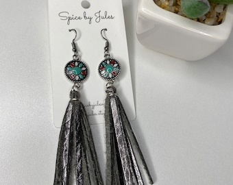 Silver Shimmer Leather Flirty Tassel Earrings with Silver Multi Colored Charm, Genuine Red Leather, Fun Charm Detail, Super Lightweight