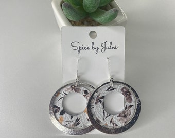 The Montego Earrings, Silver Hoop with Fall Floral Leather Cutout Earrings