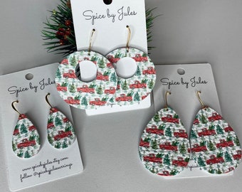Christmas Trees and Red Pickup Trucks Leather in Teardrop and Boston Style Earrings