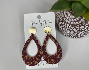 The Victoria Earrings, Merlot Birch cork and Leather Teardrop Cutout with Gold Posts