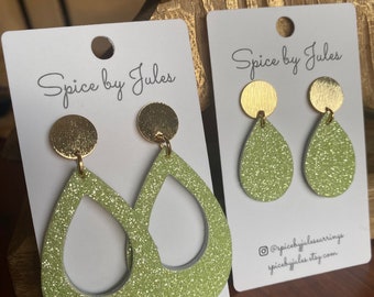 Glittery Green in The Victoria Earrings, Leather Teardrop Cutout with Gold Posts, and Mini Drops with Gold Posts