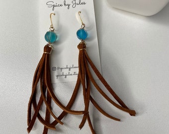 Flirty Tassel Leather Earrings with Sea Glass Charm and Warm Brown Tassels, Genuine Leather