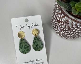 Mini Teardrop Earrings with Gold Posts, Green Leopard Print Leather Teardrop Earrings