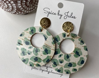 The Boston Earrings, Jade Cheetah Cork and Leather Halo Earrings with Gold Posts