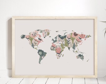 Floral and Leaves Pattern World Map Silhouette Flowers Tropical For Living Room Entryway Bedroom Horizontal Instant Download Printable