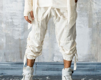 Transcend Pants Ivory- Desert, Ninja Pants, Cyberpunk, Avantgarde pants, Bohemian Pants, Drop Crotch, Burning Man, Festival Pants, Madmax