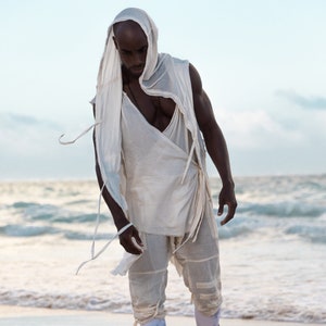 Desert White Sleeveless Hoodie, Mens Festival Wear, Open front Futuristic Top with Pockets, Burning Man Clothing men, Postapocalyptic Vest