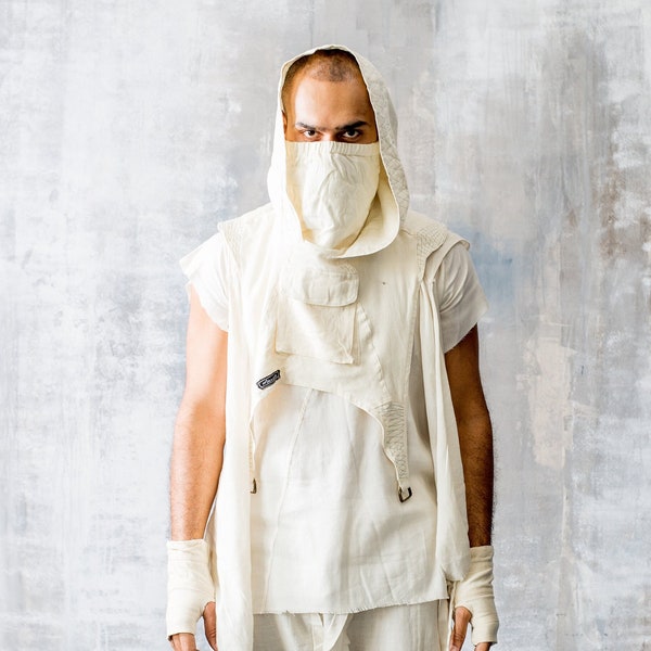 Metta Mask White - Ninja Mask, Baclava, Desert Mask, Burning Man mask Cowl, Assassin Hood Burning Man Dust Mask, Dystopian style Distressed