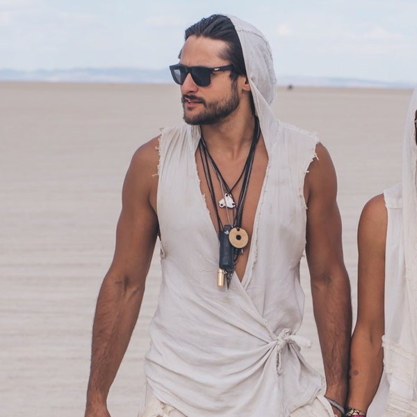 Music Festival Outfits - Sleeveless Hoodie Vest, Wasteland Wear in Postapocalyptic style for Women and Men, Desert Nomadic Clothing