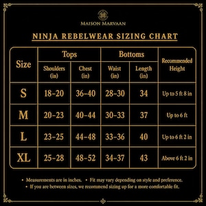May include: A Ninja Rebelwear sizing chart with measurements in inches. The chart includes sizes S, M, L, and XL, detailing shoulder, chest, waist, and length measurements for tops and bottoms. It also provides recommended height ranges.