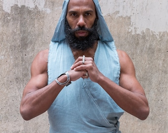 Mens Hooded Vest | Burning Man Festival Layer | Dystopian Ninja Bamboo Top | Hooded Robe