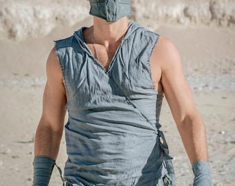 Self Acceptance Vest - Distressed Bamboo Hooded Vest - Post-Apocalyptic Burning Man Clothing