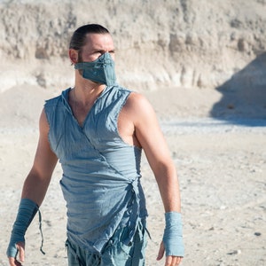 Distressed Postapocalyptic Vest Blue - Burning Man Clothing Men Tulum style Ragged Dystopian Clothing Summer Festival Mens Sleeveless Hoodie