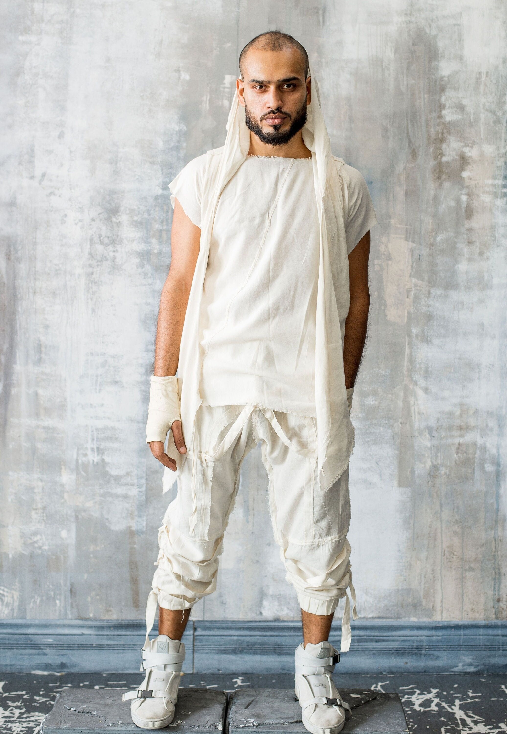 Bedouin Nomad Style Shirt - White Festival Outfit for men, Burning Man Clothing Men Daily Wear, Tulum Man Top, Desert Warrior Basic Outfit