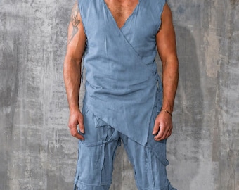 Mens Techwear Harem Pants | Futuristic Burning Man Trousers | Steel Blue Drop Crotch Pants