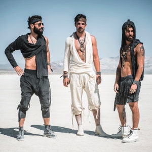 Burning Man Clothing Mens Shorts Black, Futuristic Apocalypse Clothing, Cargo Shorts, Dune Desert Nomadic, Tulum style Festival Wear, summer image 5