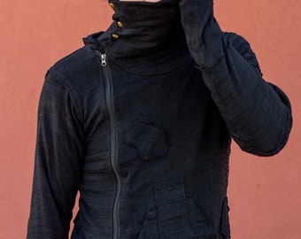 Shinobi Black Ninja Sweater: Mens Cyberpunk Hooded Jacket
