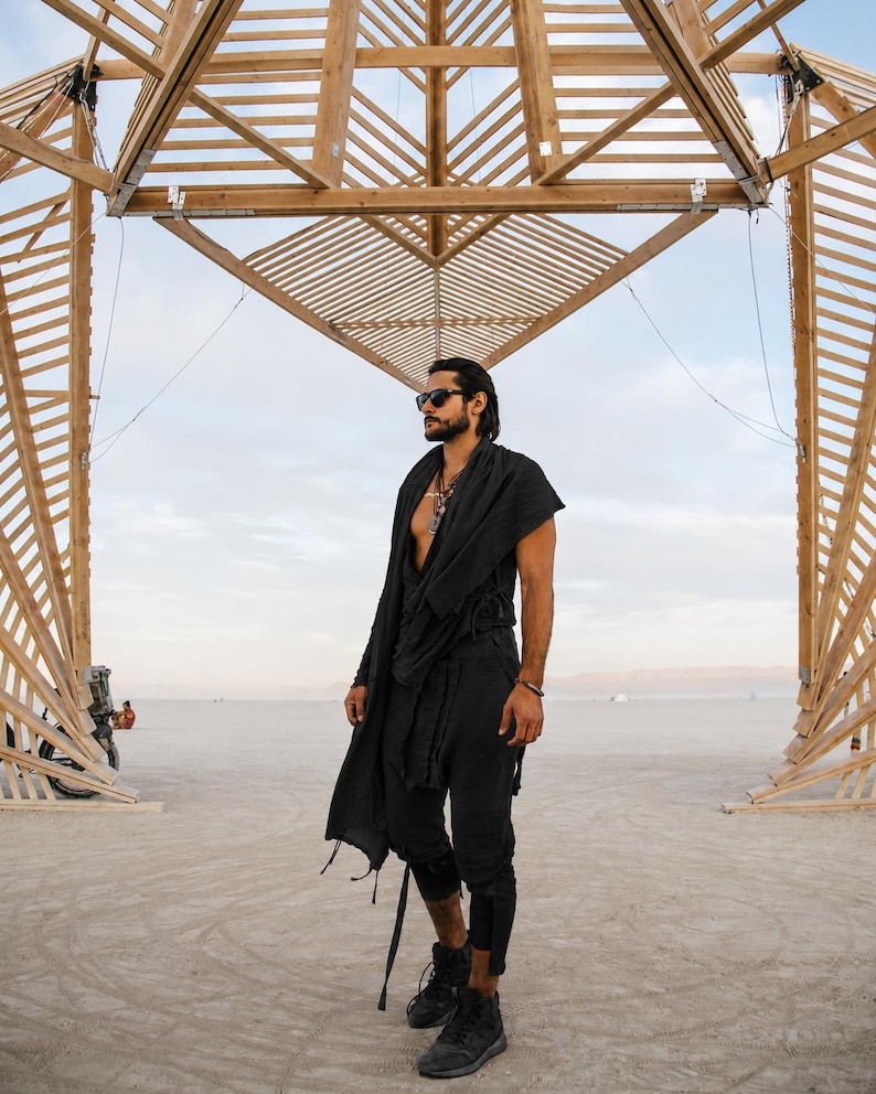 Herr Bamboo Festivalsjal | Avant Garde Draperad Tunika, Burning Man Morgonrock bild 3