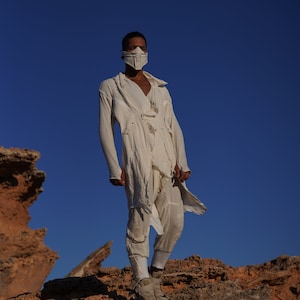 White VARANO Robe - Burning Man Desert Style Nomad Robe with Long Sleeves, Music Festival Wear, Ninja, Apocalyptic, Shamanic Rave Outfit Men