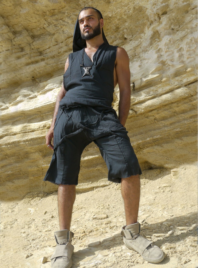 Burning Man Clothing Mens Shorts Black, Futuristic Apocalypse Clothing, Cargo Shorts, Dune Desert Nomadic, Tulum style Festival Wear, summer image 6