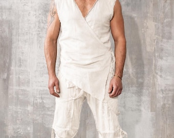 Mens Harem Drop Crotch Pants | Ivory Festival Samurai Trousers | Desert Ceremony Wear