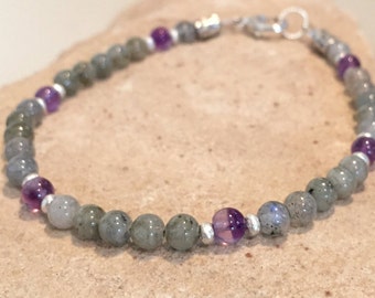 Gray and purple bracelet, labradorite and amethyst bracelet, Hill Tribe silver bracelet, natural bracelet, gemstone bracelet, sundance