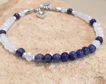 Blue bracelet, white bracelet, iolite bracelet, moonstone bracelet, Hill Tribe silver bracelet, charm bracelet, gemstone bracelet, boho chic