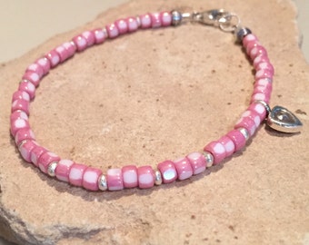 Beautiful pink bracelet, seed bead bracelet, Hill Tribe silver bracelet, heart charm, charm bracelet, boho bracelet, gift for her, boho chic