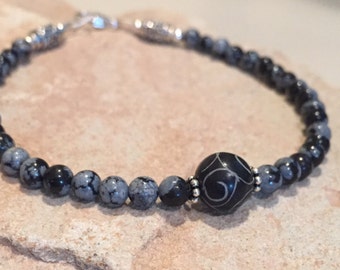 Black and grey bracelet, snow obsidian bracelet, sterling silver bracelet, natural bracelet, gemstone bracelet, sundance bracelet, boho chic