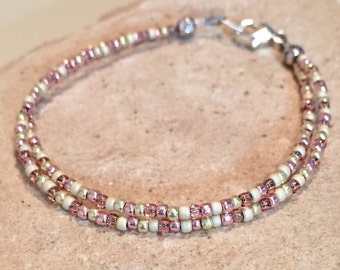 Gold and pink seed bead double or single strand bracelet, boho style bracelet, small bracelet, dainty bracelet, yoga bracelet, gift for her