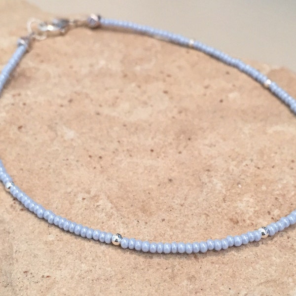 Blue ankle bracelet, seed bead anklet, sterling silver round anklet, body jewelry, boho anklet, dainty anklet, gift for her, gift for wife