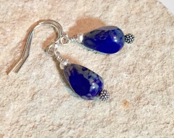 Blue drop earrings, Czech teardrop bead earrings, Hill Tribe silver earrings, silver drop earrings, blue dangle earrings, gift for her