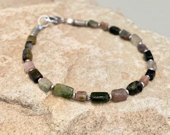 Multicolored bracelet, tourmaline bracelet, Hill Tribe silver bracelet, everyday casual bracelet, sterling silver bracelet, gift for her