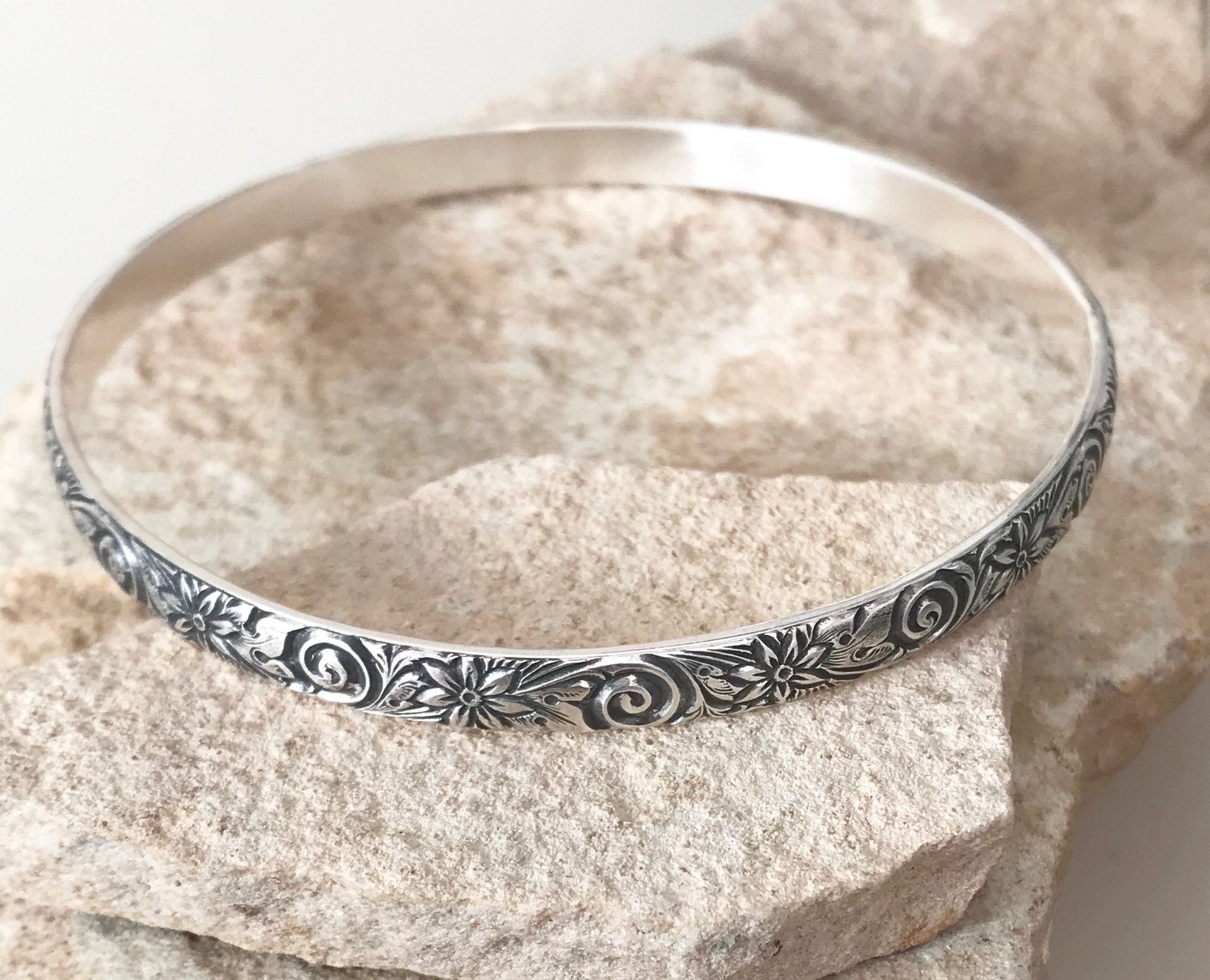 Oxidized sterling silver patterned bangle bracelet pattern Etsy