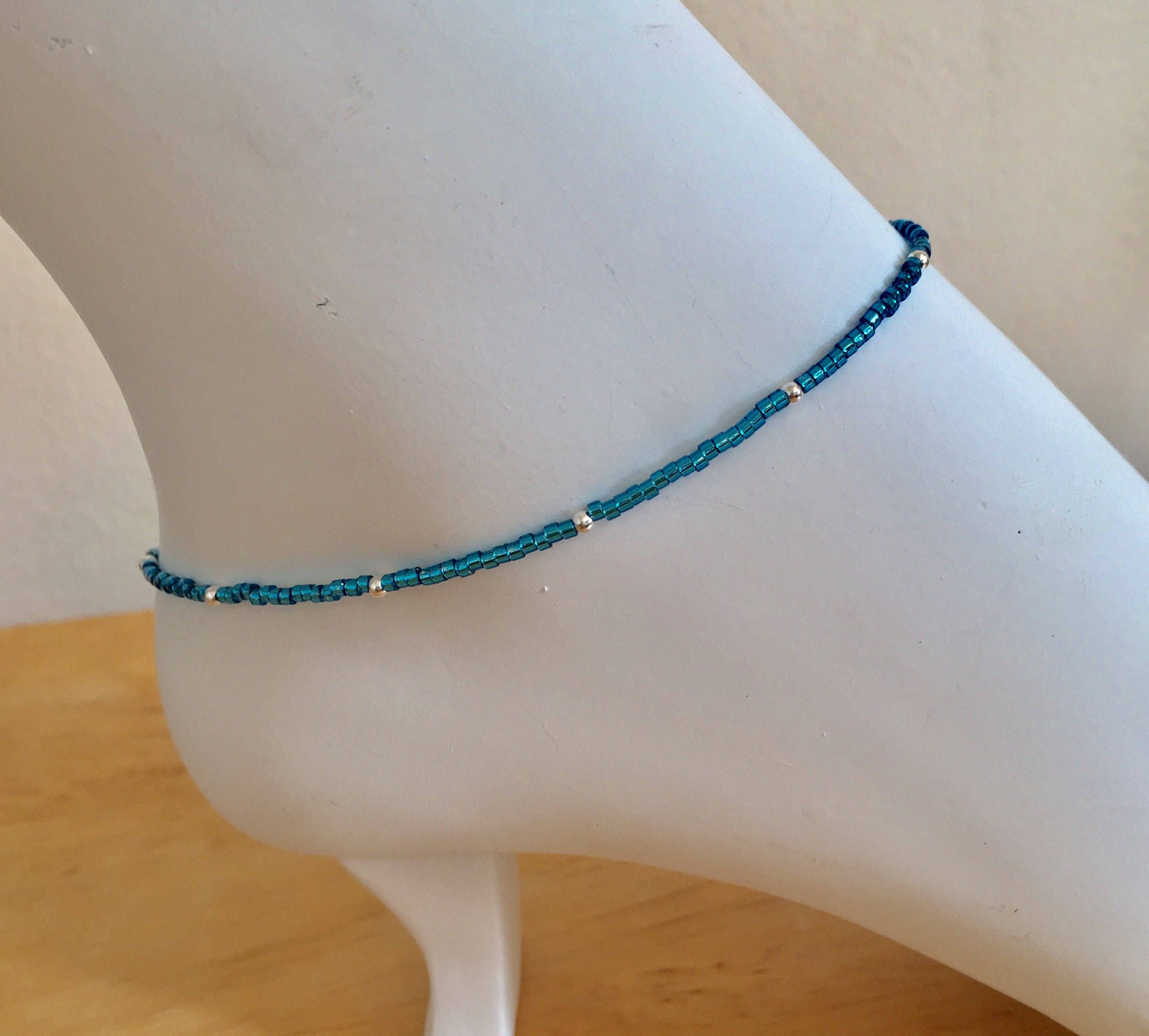 BeadedMoonbeams Blue or Purple Seed Bead Ankle Bracelet, Seed Bead Anklet, Sterling Silver Anklets, Boho Anklets, Body Jewelry, Summer Anklet, Gift for Mom