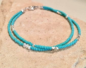 Turquoise double strand seed bead bracelet, Hill Tribe bracelet, pearl bracelet, everyday bracelet, stackable bracelet, gift for her, boho