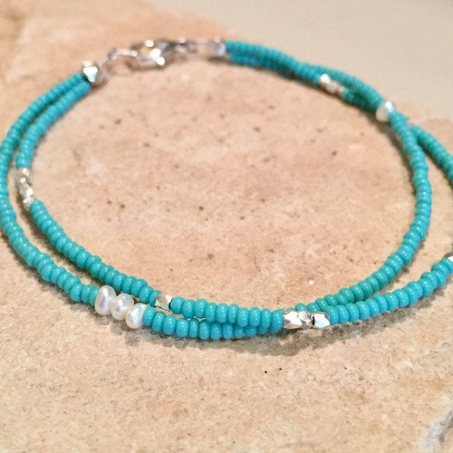 Turquoise Double Strand Seed Bead Bracelet Hill Tribe - Etsy