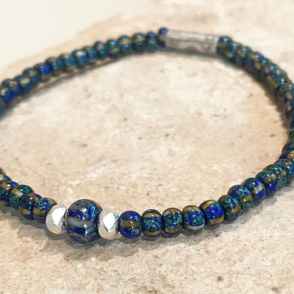 Blau, Glas Bead Armband, Hill Tribe Silber Armband, Elastisches Armband, Armband, bohoarmband, Elastisches Armband, Geschenk für Sie