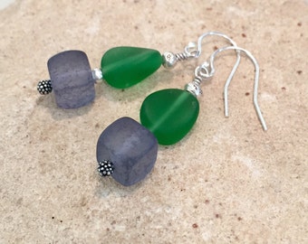 Green and blue dangle earrings, frosted glass earrings, Hill Tribe silver earrings, sundance earrings, silver dangle earrings, boho chic