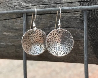 Sterling silver dangle earrings, handmade sterling silver earrings, silver drop earrings, oxidized silver drop earrings, round earrings