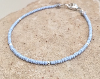 Blue seed bead bracelet, boho bracelet, small bracelet, sterling silver bracelet, delicate bracelet, gift for her, yoga bracelet, boho chic