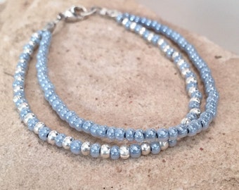 Blue double strand seed bead bracelet, Czech glass seed bead bracelet, Hill Tribe silver bracelet, sundance bracelet, boho chic bracelet