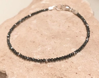 Black bracelet, hematite bracelet, sterling silver bracelet, Hill Tribe silver bracelet, single strand bracelet sundance bracelet, boho chic