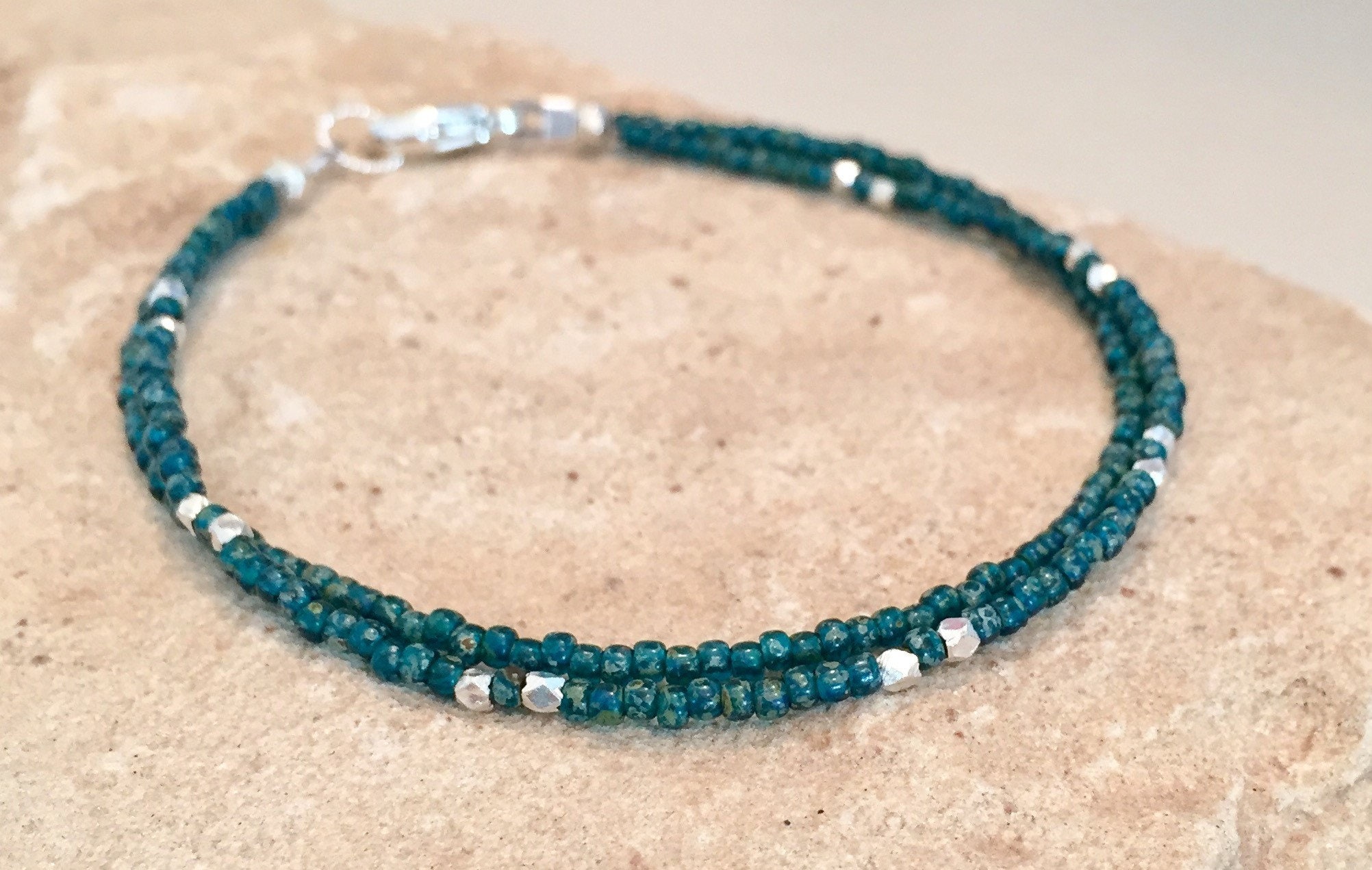 Blue seed bead ankle bracelet Hill Tribe silver ankle | Etsy