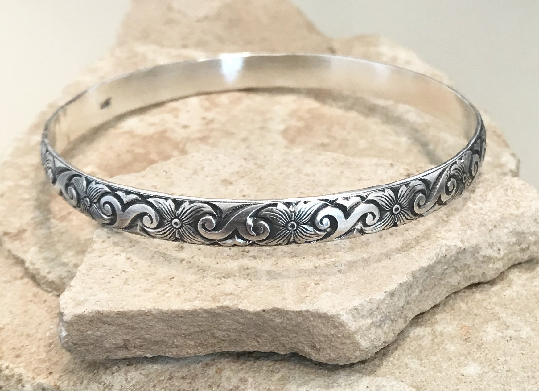 Oxidized sterling silver bangle bracelet pattern bangle Etsy