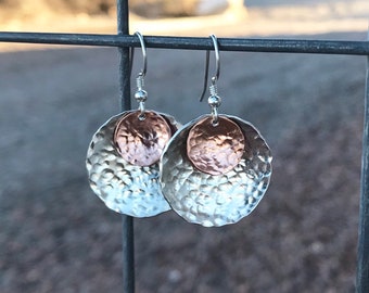 Hammered sterling silver and copper handmade drop earrings, mixed metal earrings, silver dangle earrings with sterling silver ear wires